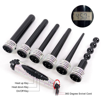 Professional Crystallized LCD 6 in 1 interchangeable curling wand/Curling wand Barrel - bQute LuXe Hair & Lash Boutique