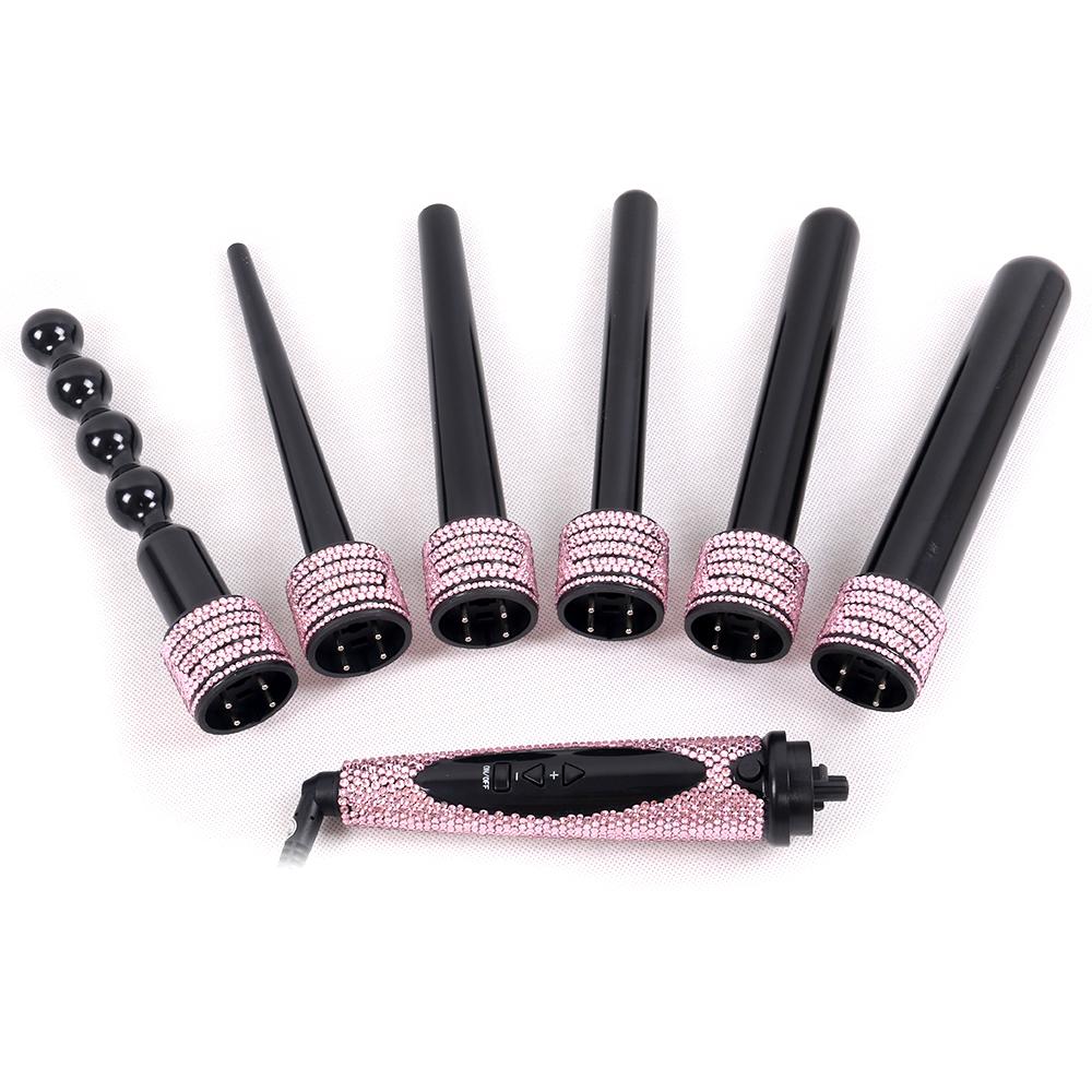 Professional  Pink Crystal  LCD  6 in 1 Interchangeable Curing Wands/ Curling Wands Barrel - bQute LuXe Hair & Lash Boutique