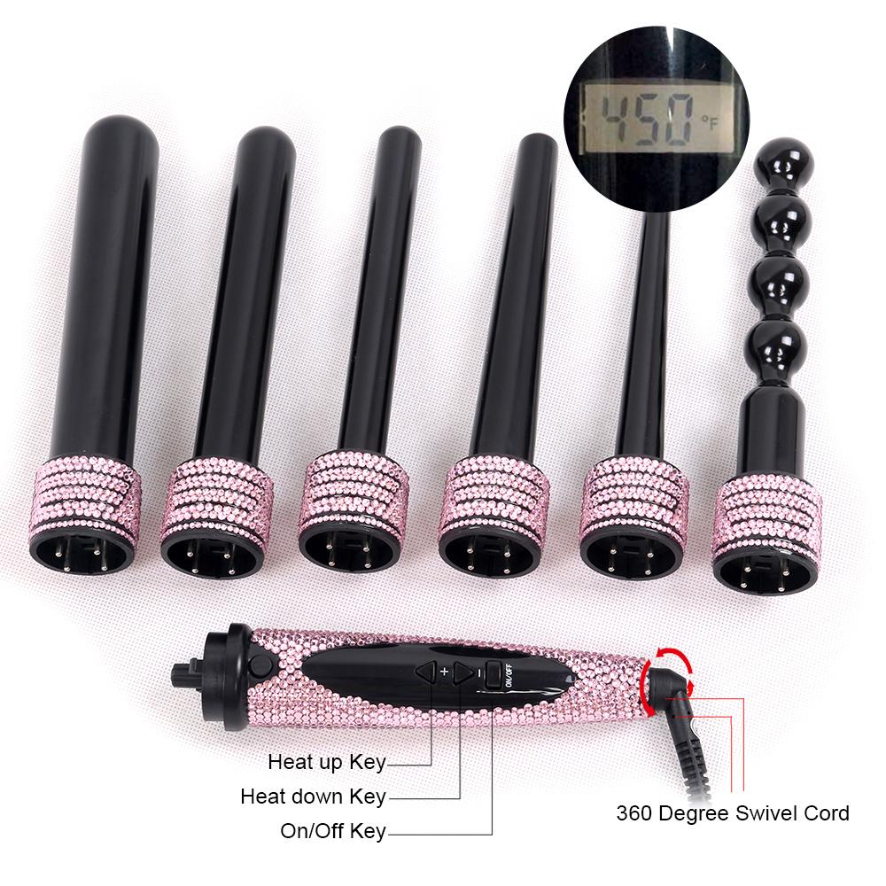 Professional  Pink Crystal  LCD  6 in 1 Interchangeable Curing Wands/ Curling Wands Barrel - bQute LuXe Hair & Lash Boutique