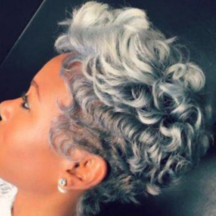 Fashion Synthetic Short Afro Curly Black With White Wig For Women - bQute LuXe Hair & Lash Boutique 