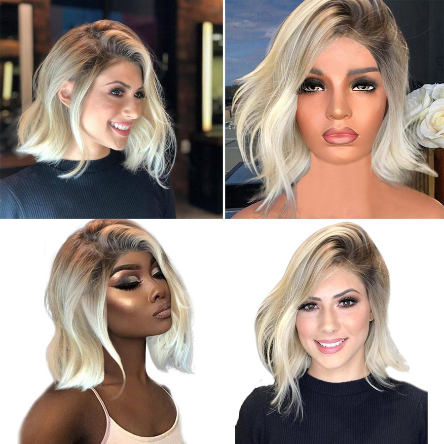 Short Wavy Bobo Human Hair Rose net Wig Glueless Front Wigs Gray Women - bQute LuXe Hair & Lash Boutique 